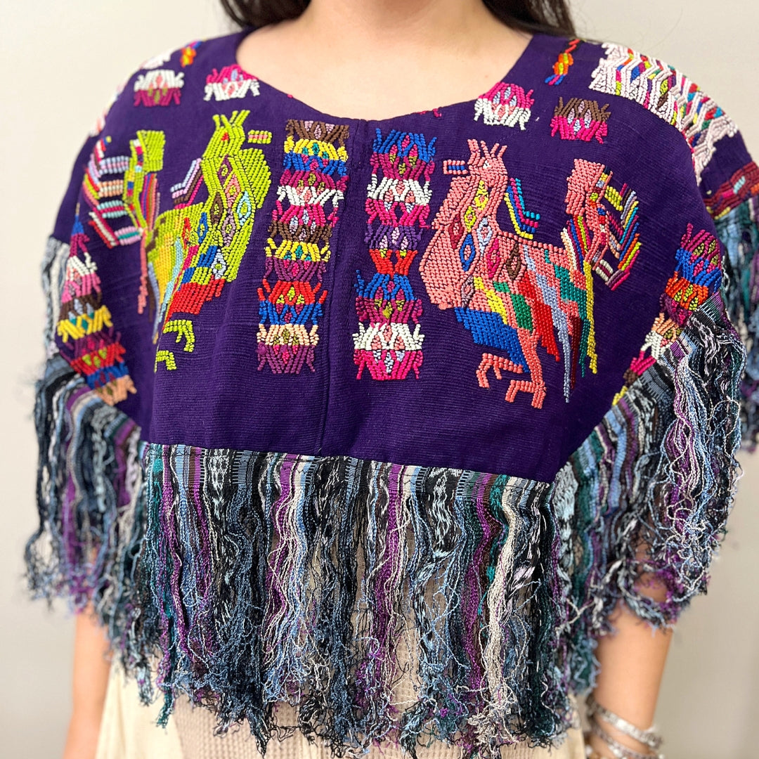 Embroidered Cape: Dark Purple & Colorful Roosters