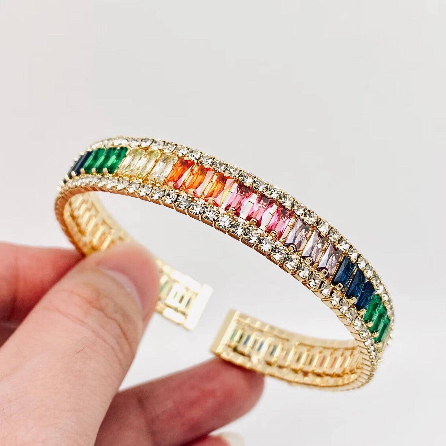 Gold Inlaid Colored Cubic Zirconia Elastic Bangle Bracelet