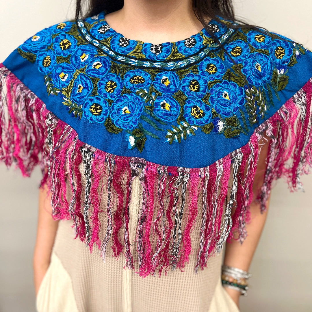 Embroidered Cape: Color Block Blue & Pink