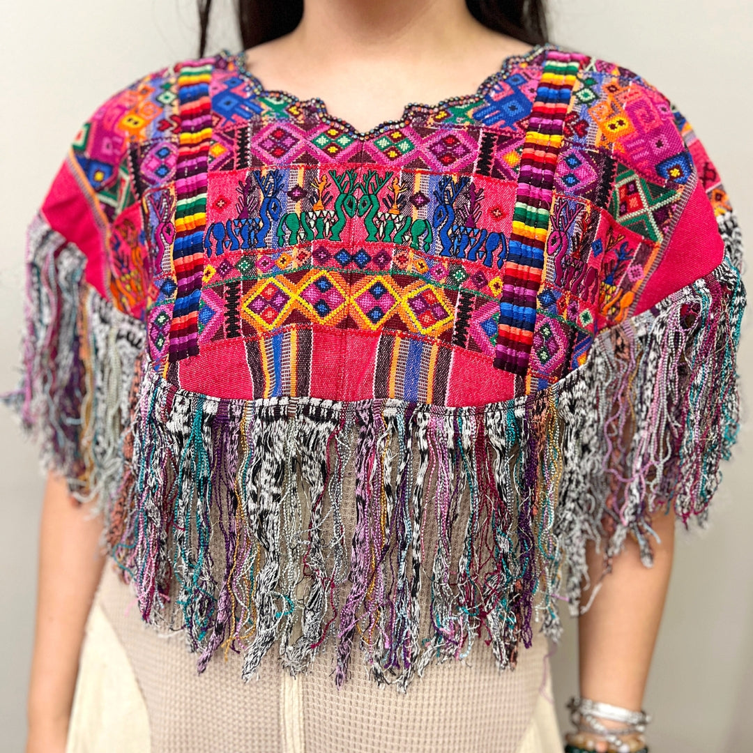Embroidered Cape: Pink Mayan Designs with Embellished Collar