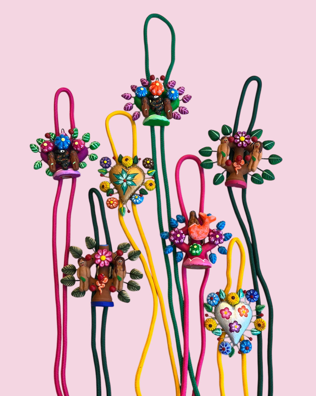 Mini Tree of Life Bolo Tie — Adam & Eve (Neon Colors, Pink Tree)