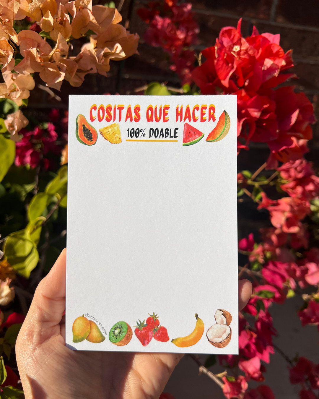 Hand holding a notepad with fruit illustrations against a floral background