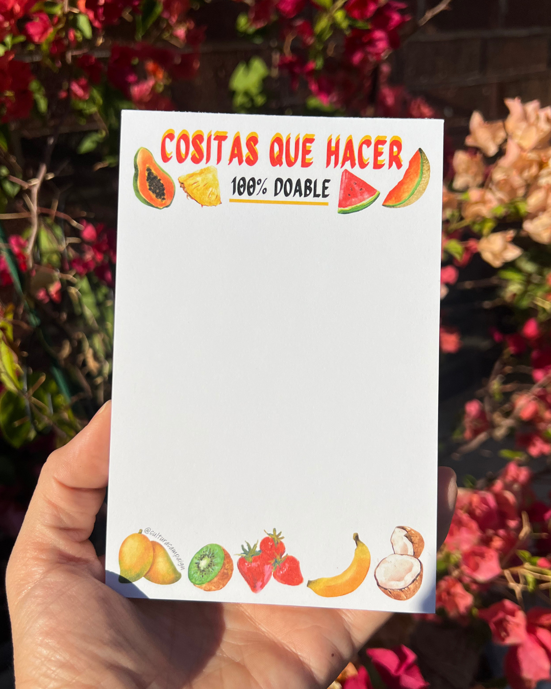 Hand holding a notepad with fruit illustrations and text against a floral background