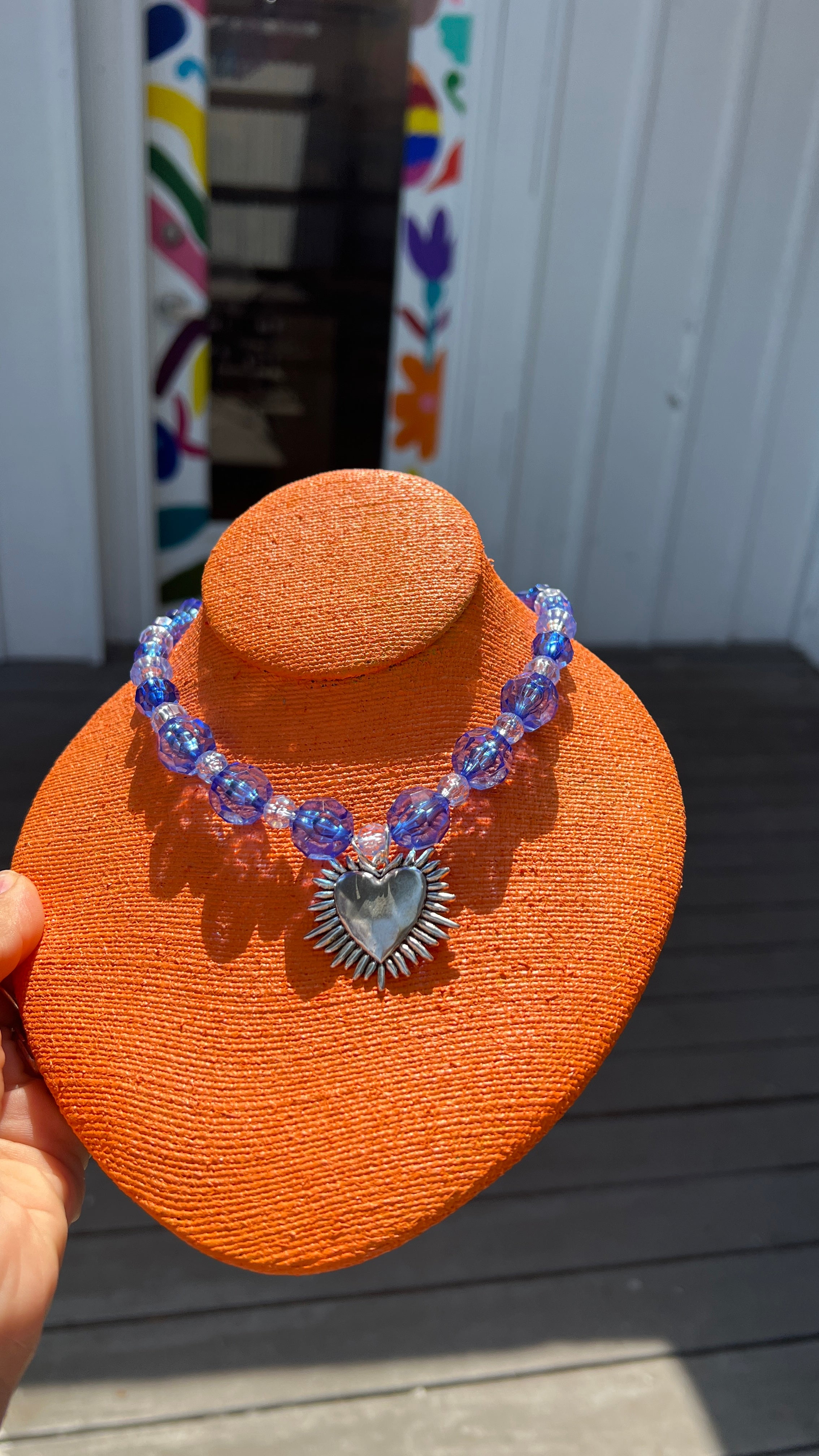Blue Beaded Sacred Heart Necklace