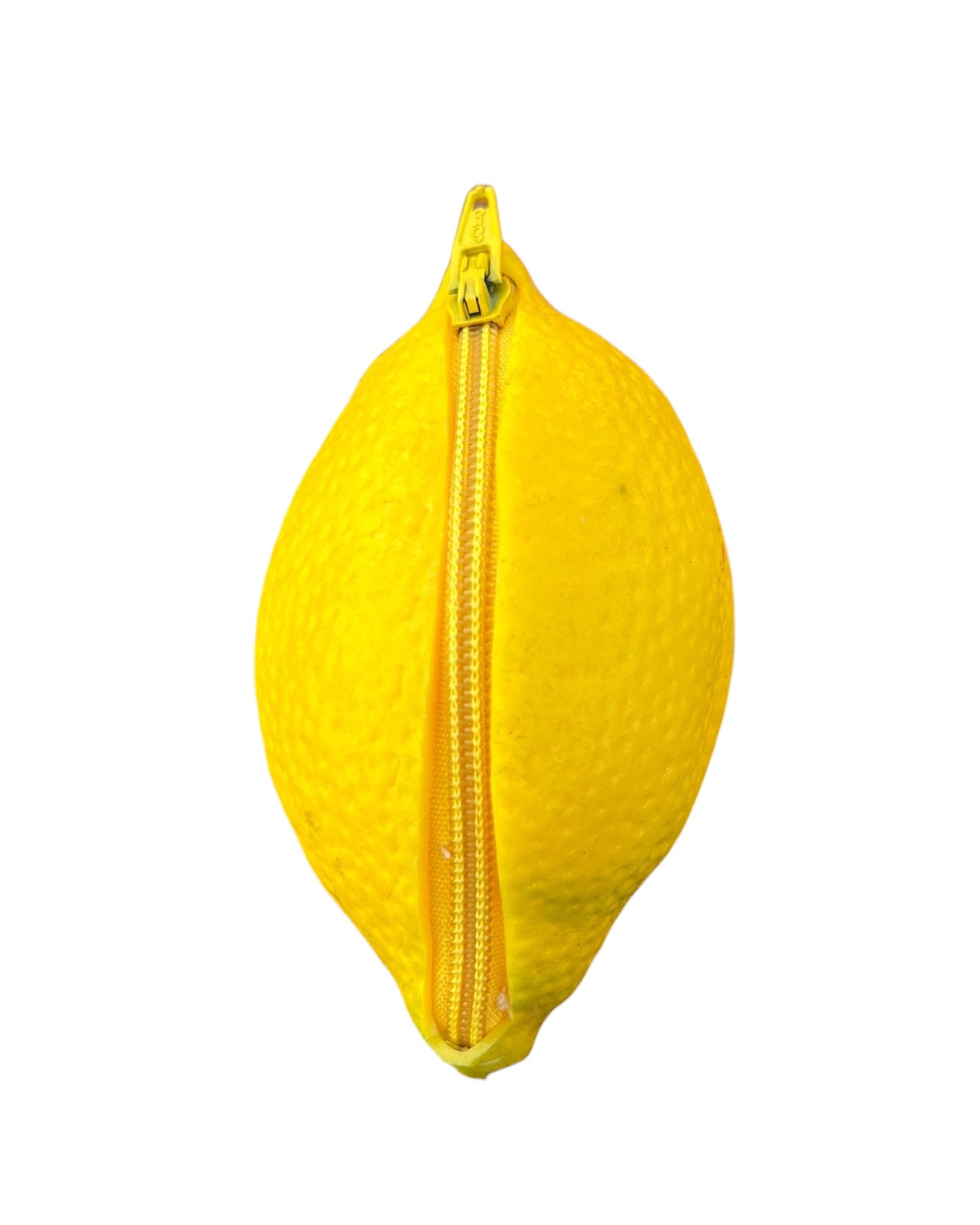 Yellow lemon-shaped pouch with a zipper on a white background
