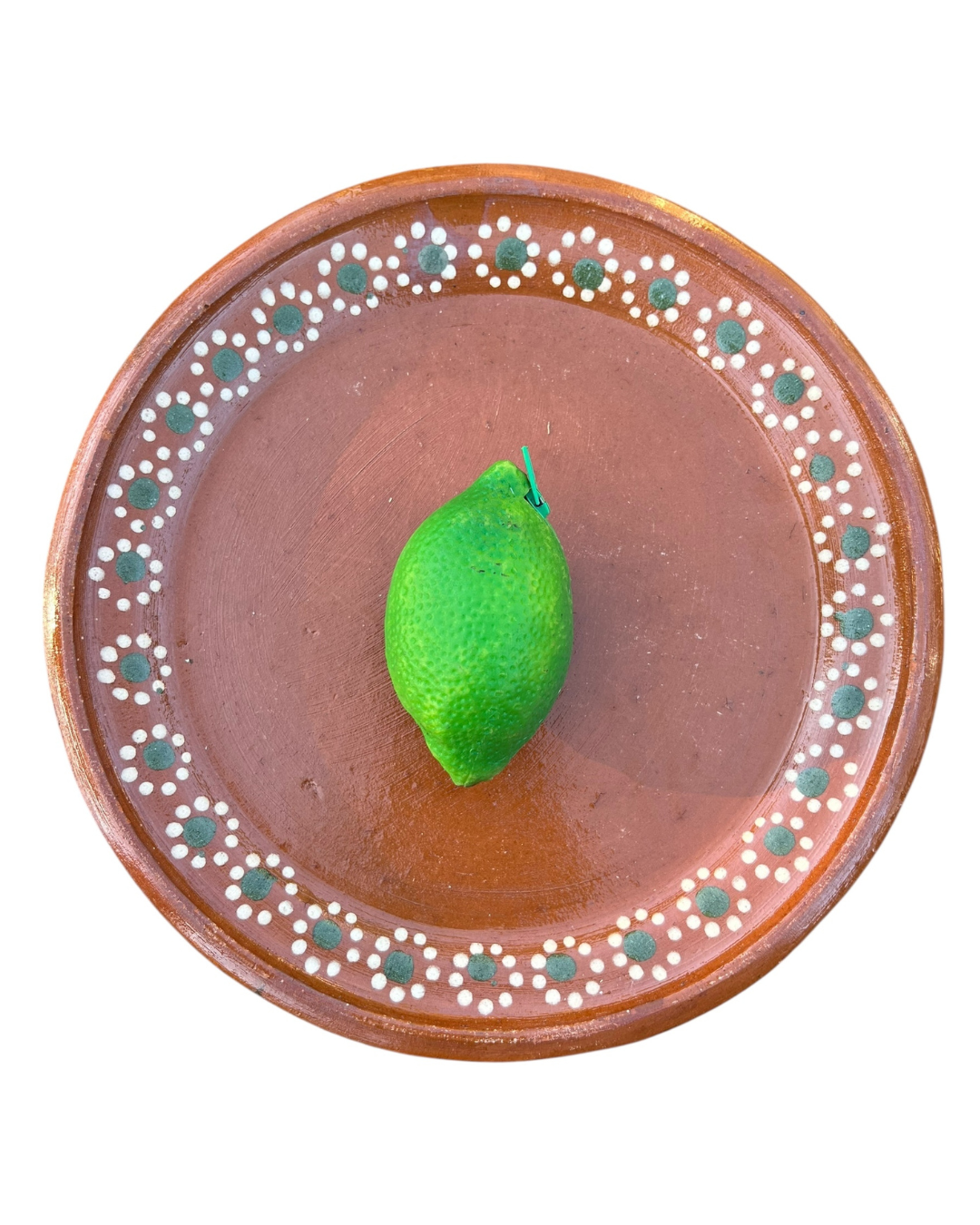 Green lime coin purse on a barro brown plate with white and green patterns