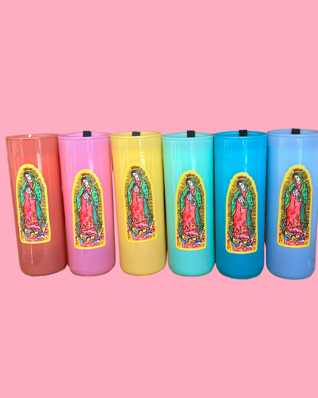 Set of colorful tumblers with a common design on a pink background