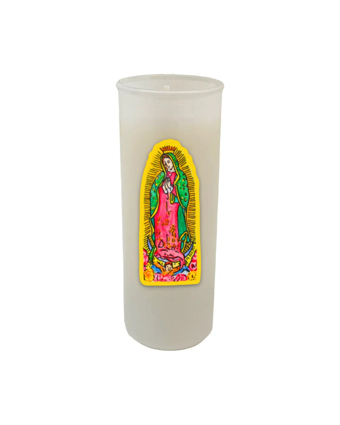 Frosted candle with a colorful sticker of a religious figure on a white background