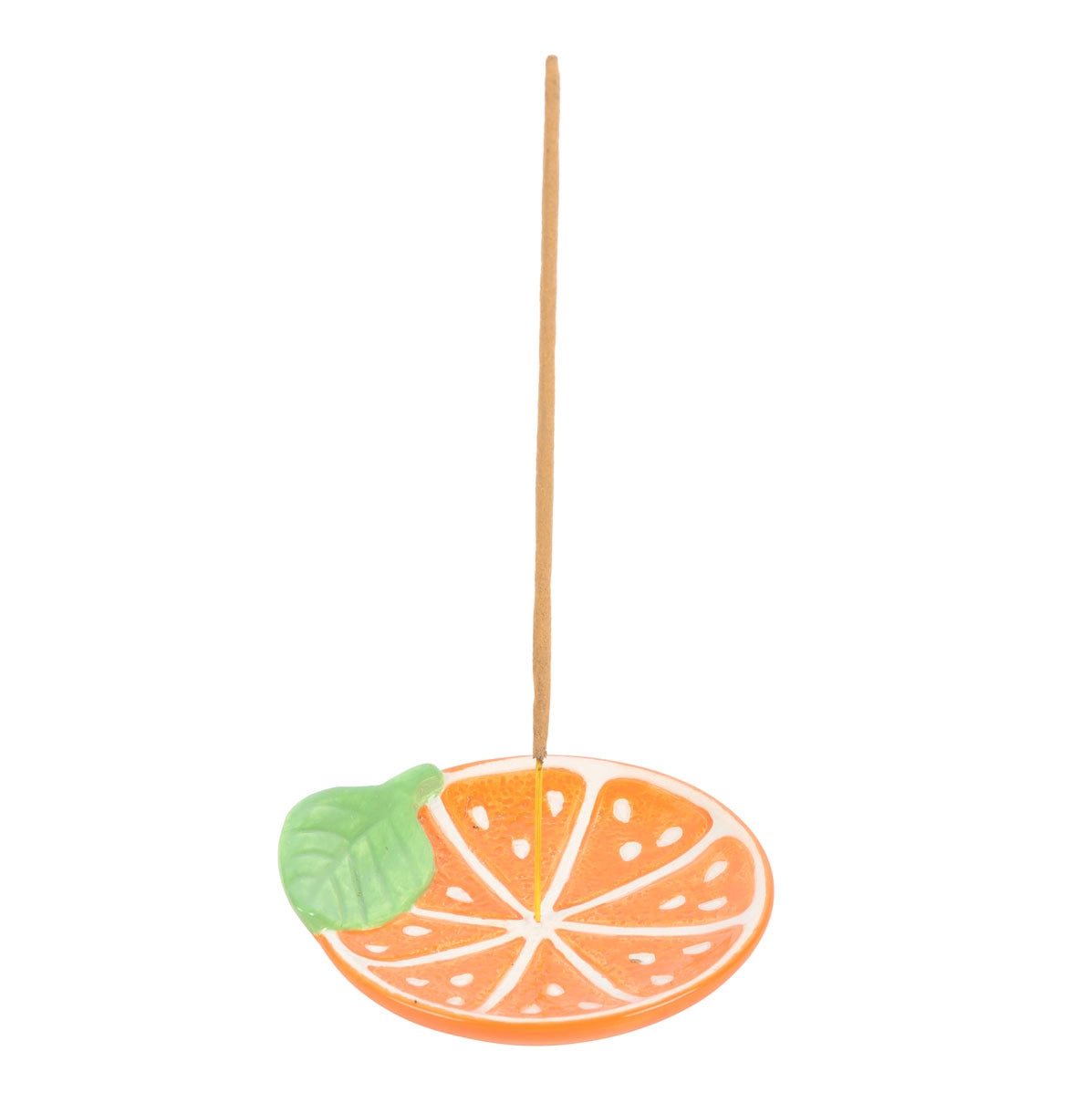 Incense holder shaped like an orange slice with a leaf on a white background