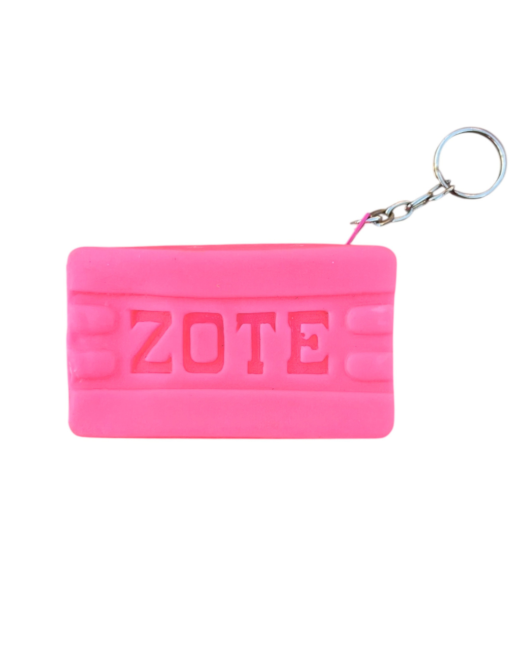 Pink keychain pouch with 'ZOTE' branding on a white background