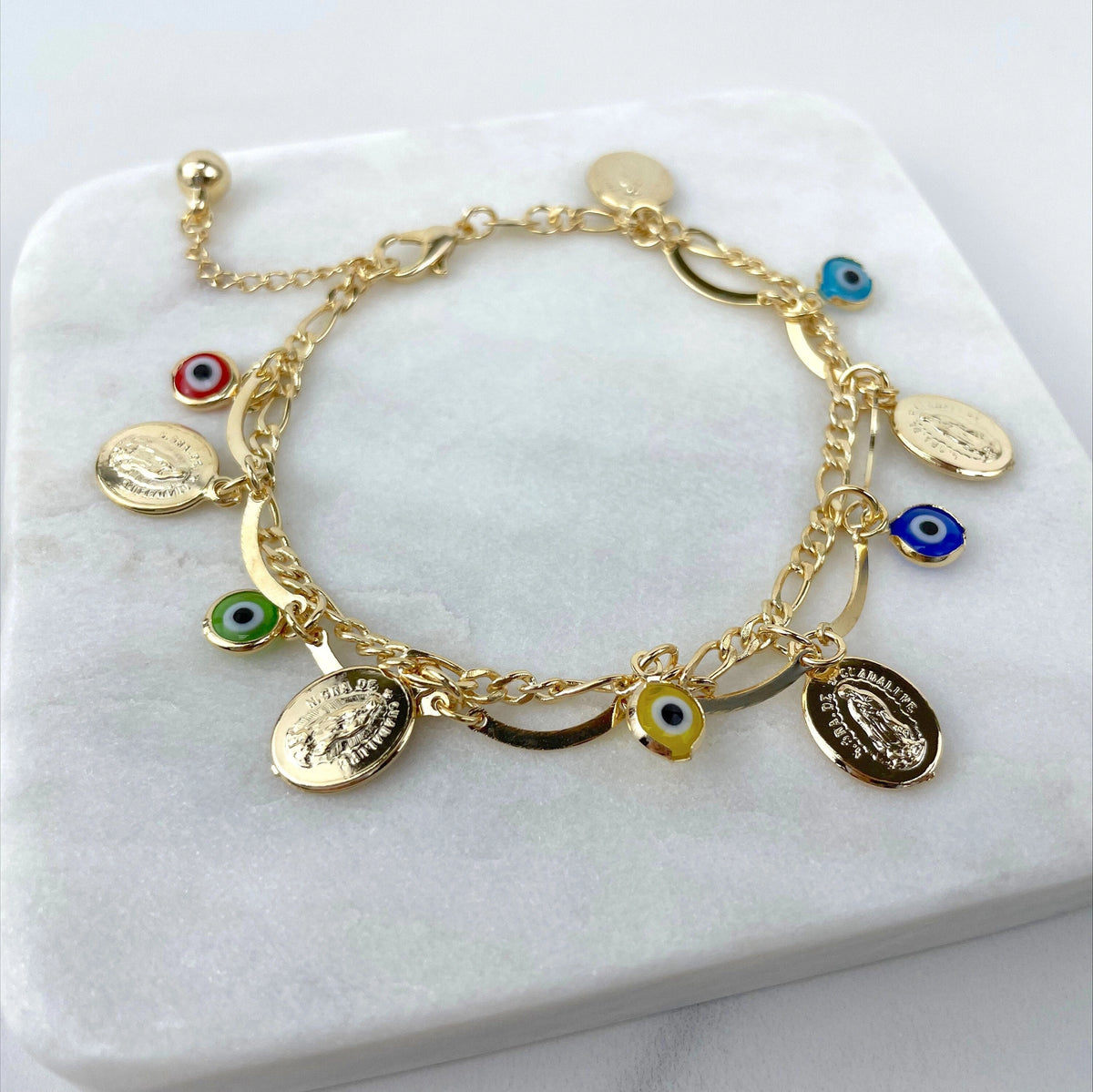 18k Gold Filled Virgencita and Evil Eyes Charm Bracelet