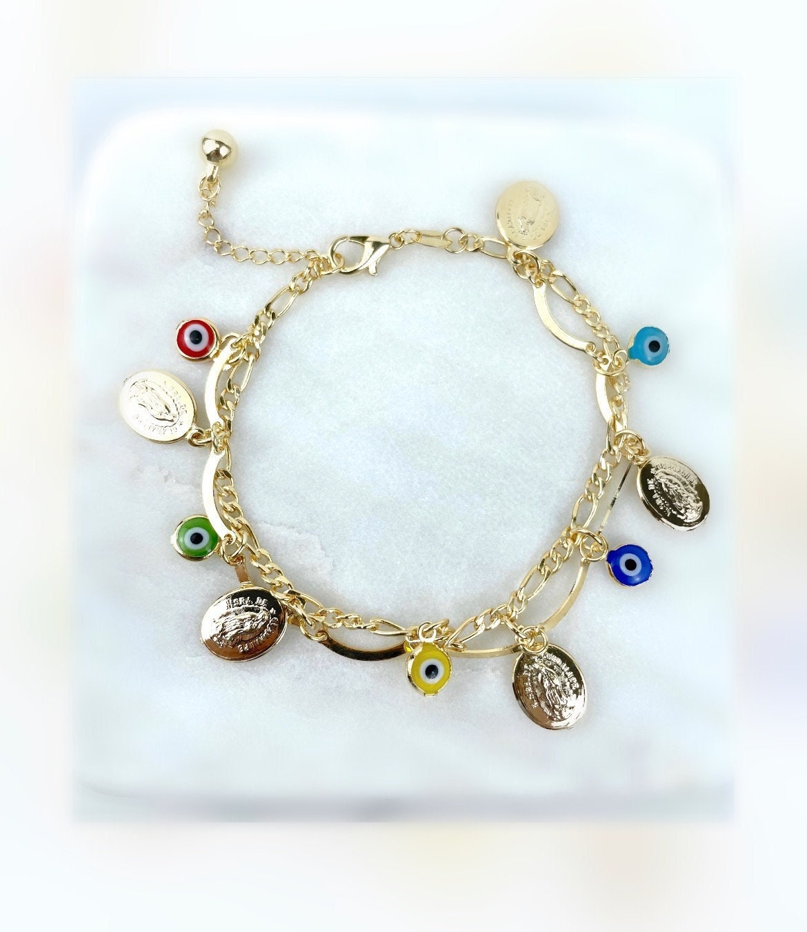 18k Gold Filled Virgencita and Evil Eyes Charm Bracelet