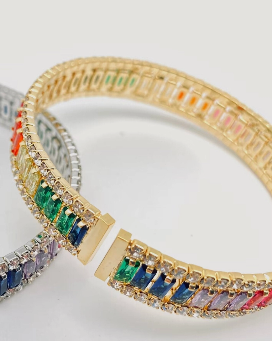 Gold Inlaid Colored Cubic Zirconia Elastic Bangle Bracelet