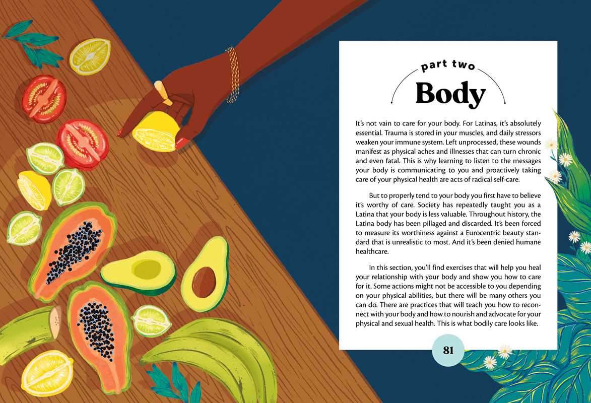 Book page with text and illustration of a hand picking fruit on a wooden table