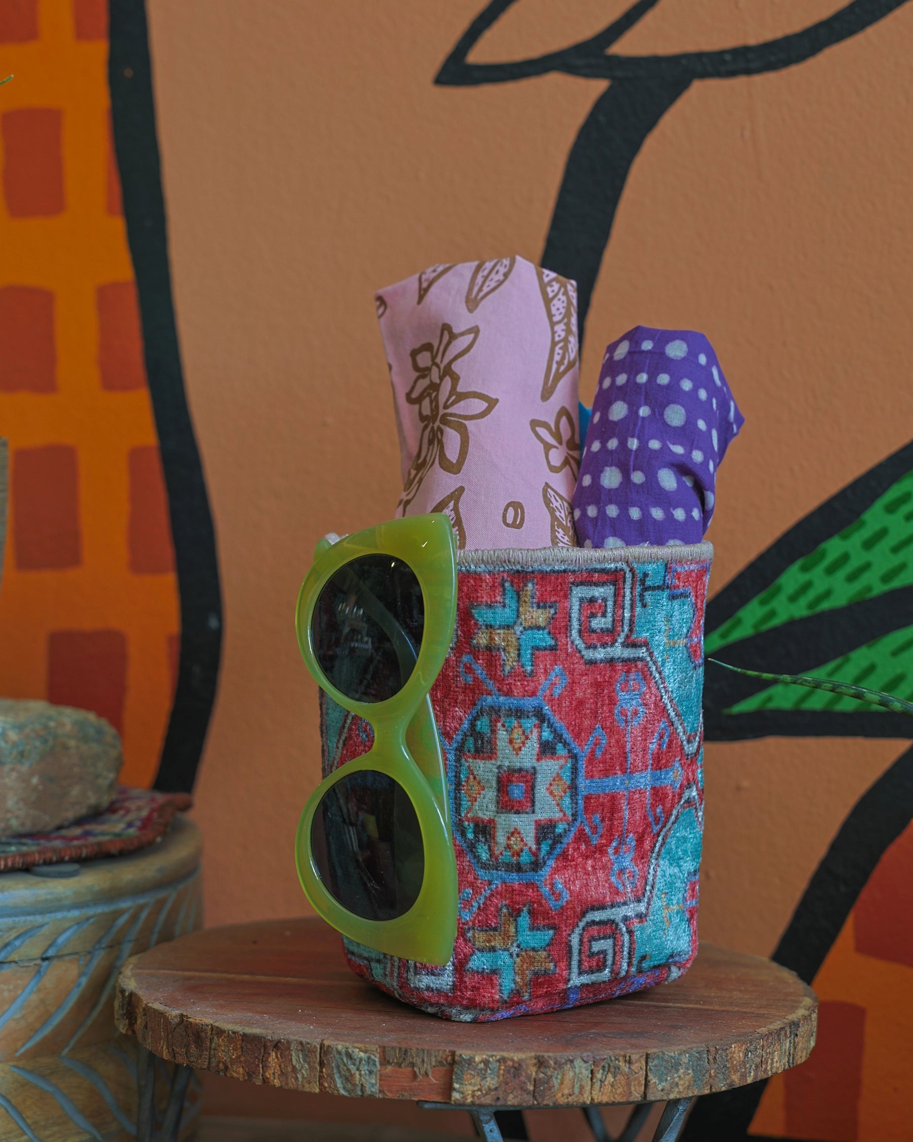 Vintage Rug Pattern Storage and Plant Basket