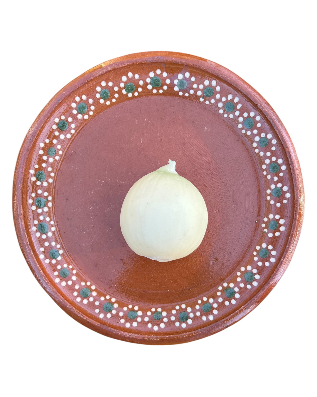 Realistic white onion coin purse on barro plate.