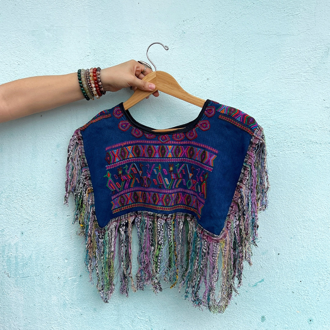 Embroidered Cape: Blue Mayan Animals