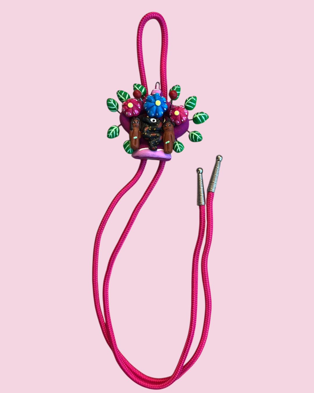 Mini Tree of Life Bolo Tie — Adam & Eve (Neon Colors, Pink Tree)