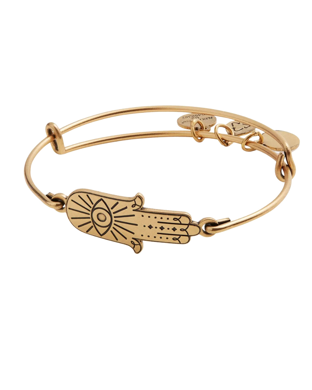 Gold bracelet with decorative clasp on a white background