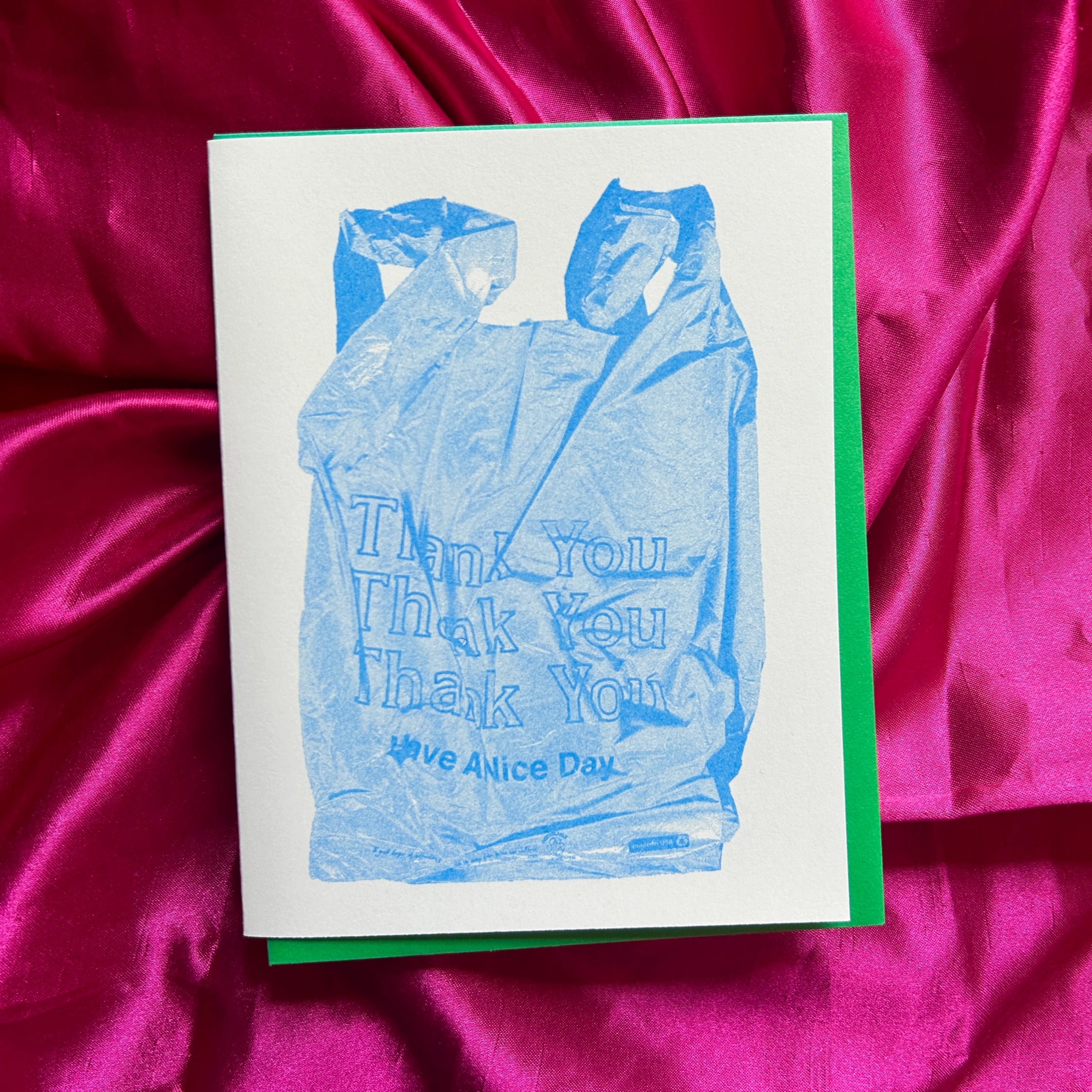 Blue Thank You Bag Risograph A2 Greeting Card