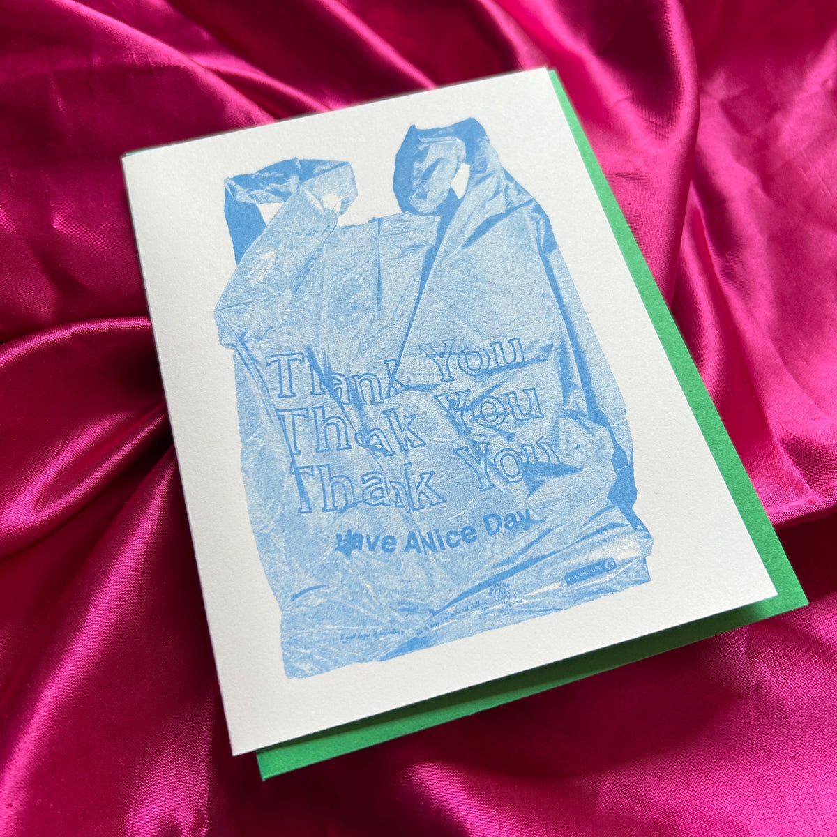 Blue Thank You Bag Risograph A2 Greeting Card