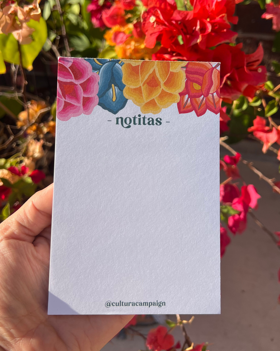 Notepad with floral design and 'notitas' branding held in front of flowers