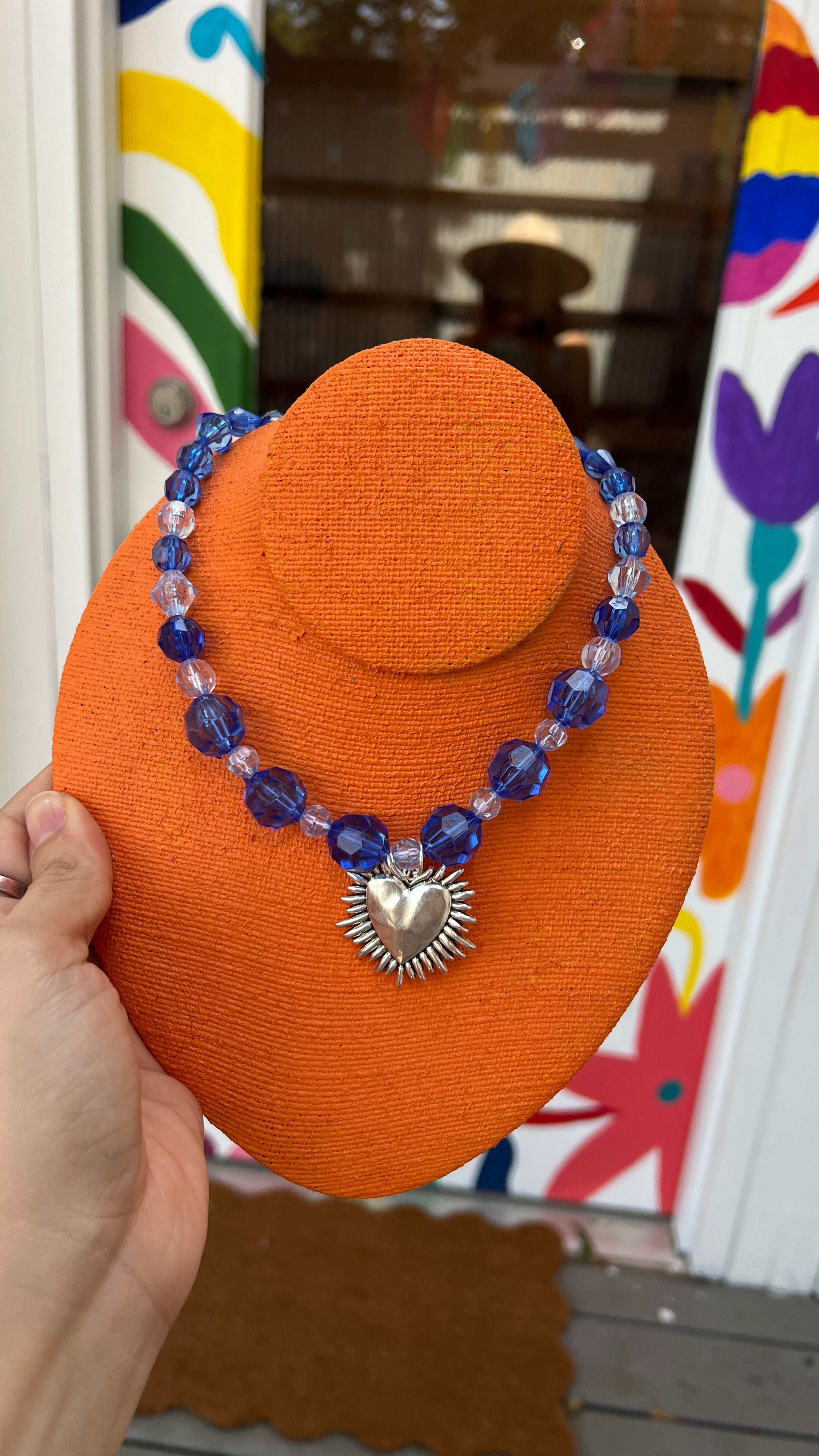 Blue Beaded Sacred Heart Necklace