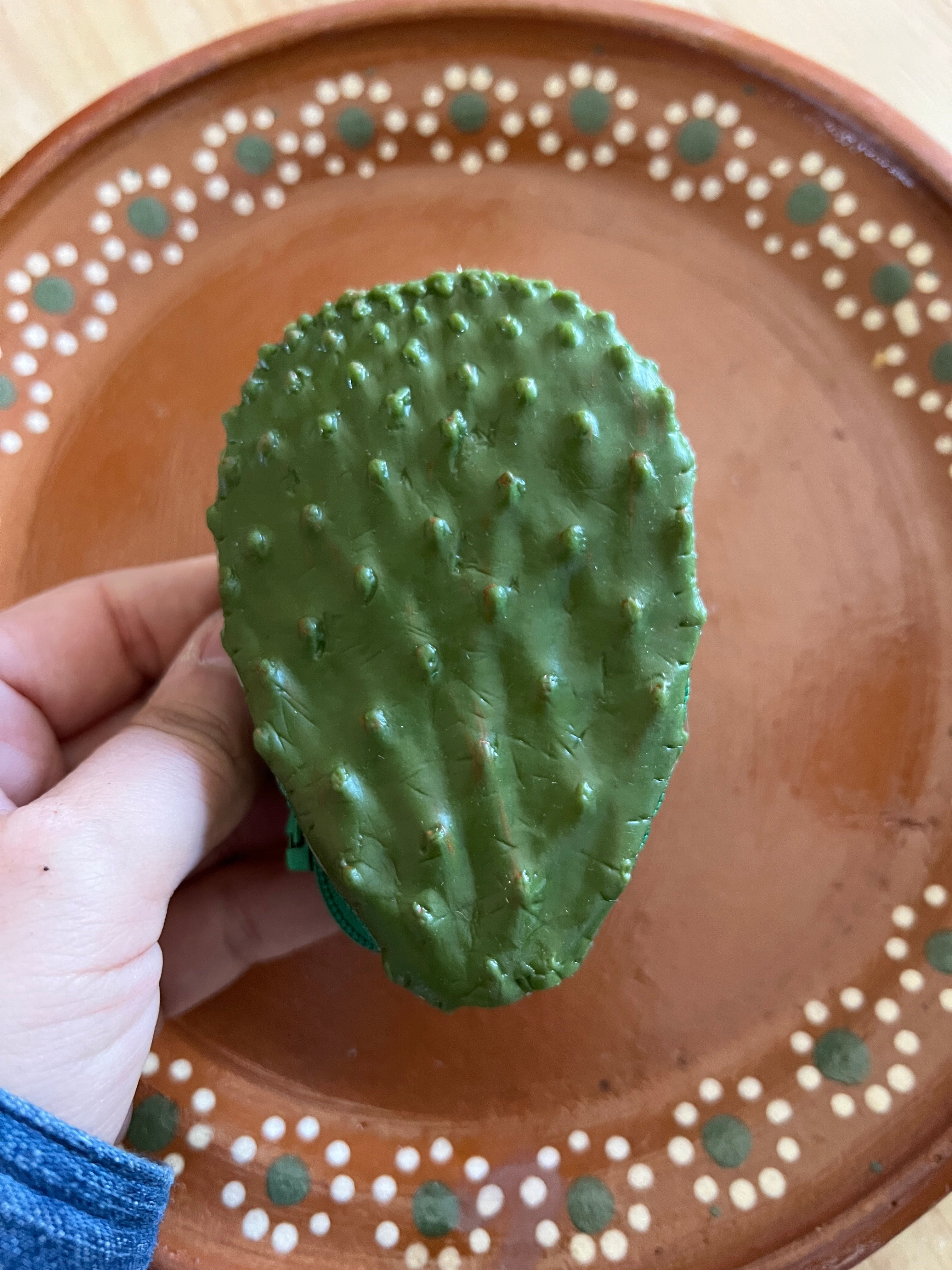 A hand holding a green nopal coin purse, with a zippered closure, placed on a brown ceramic plate with a floral pattern.