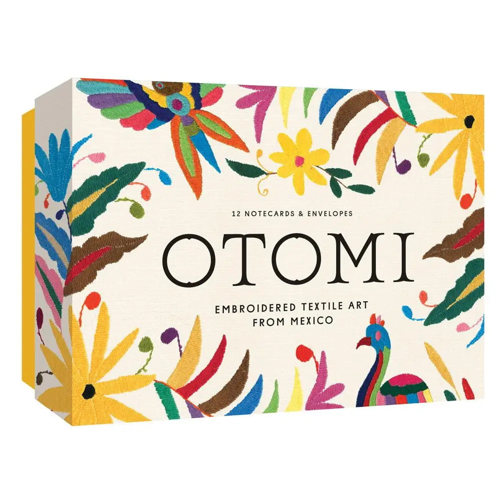 Box of Otomi notecards with colorful floral design on a white background