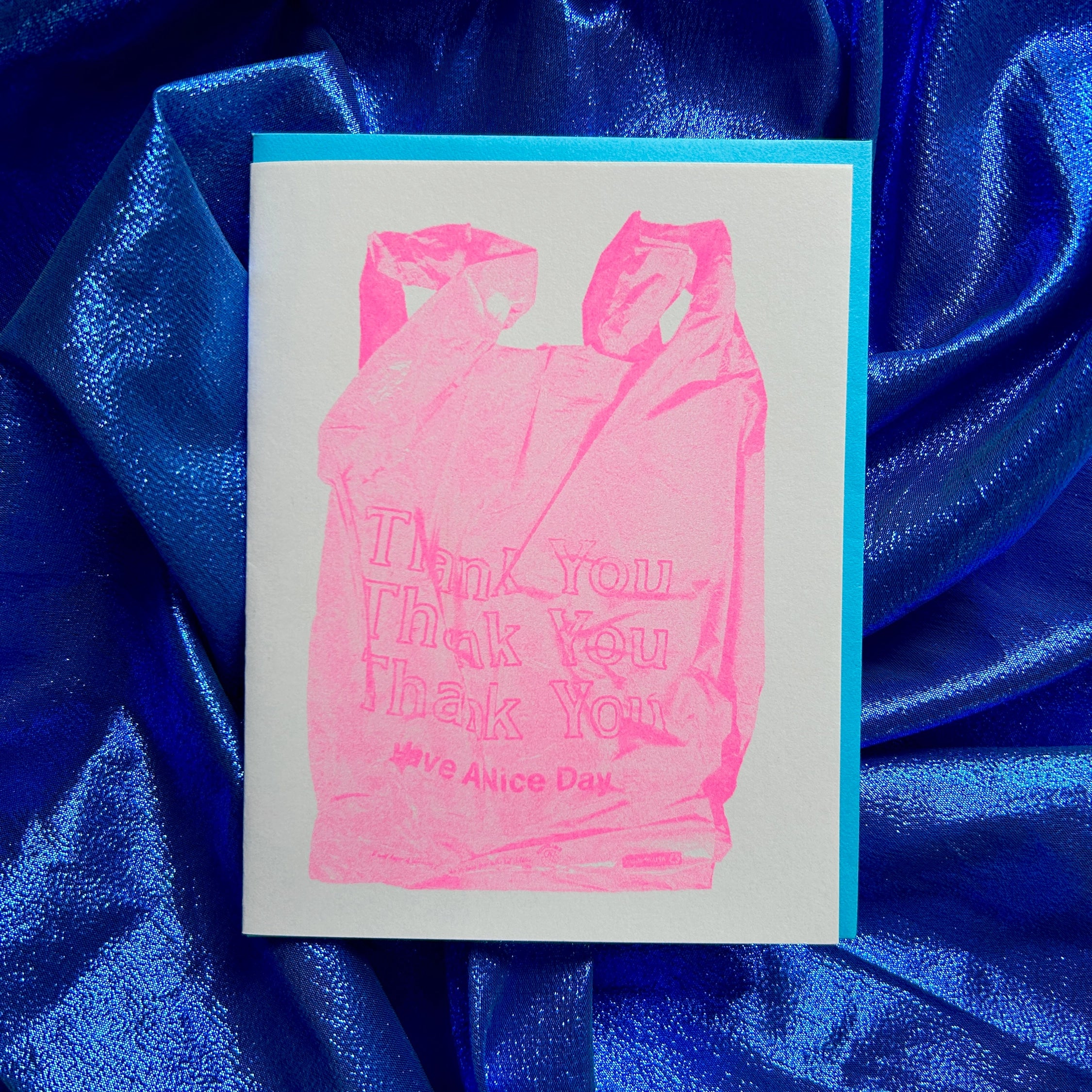 Pink Thank You Bag Risograph A2 Greeting Card