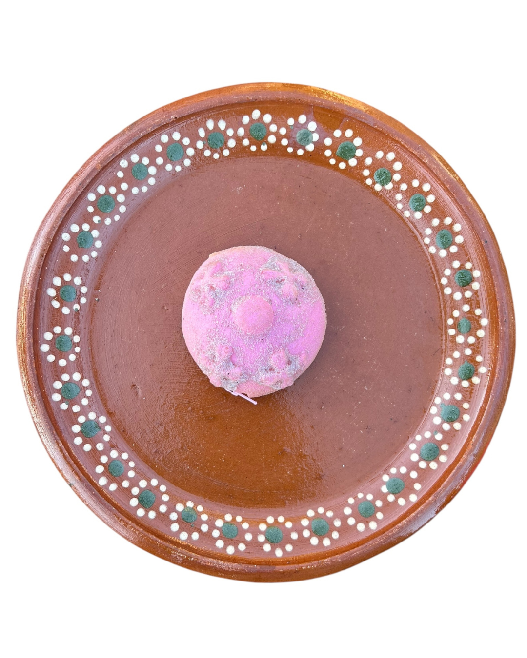 Pink pan de muerto coin purse on barro plate