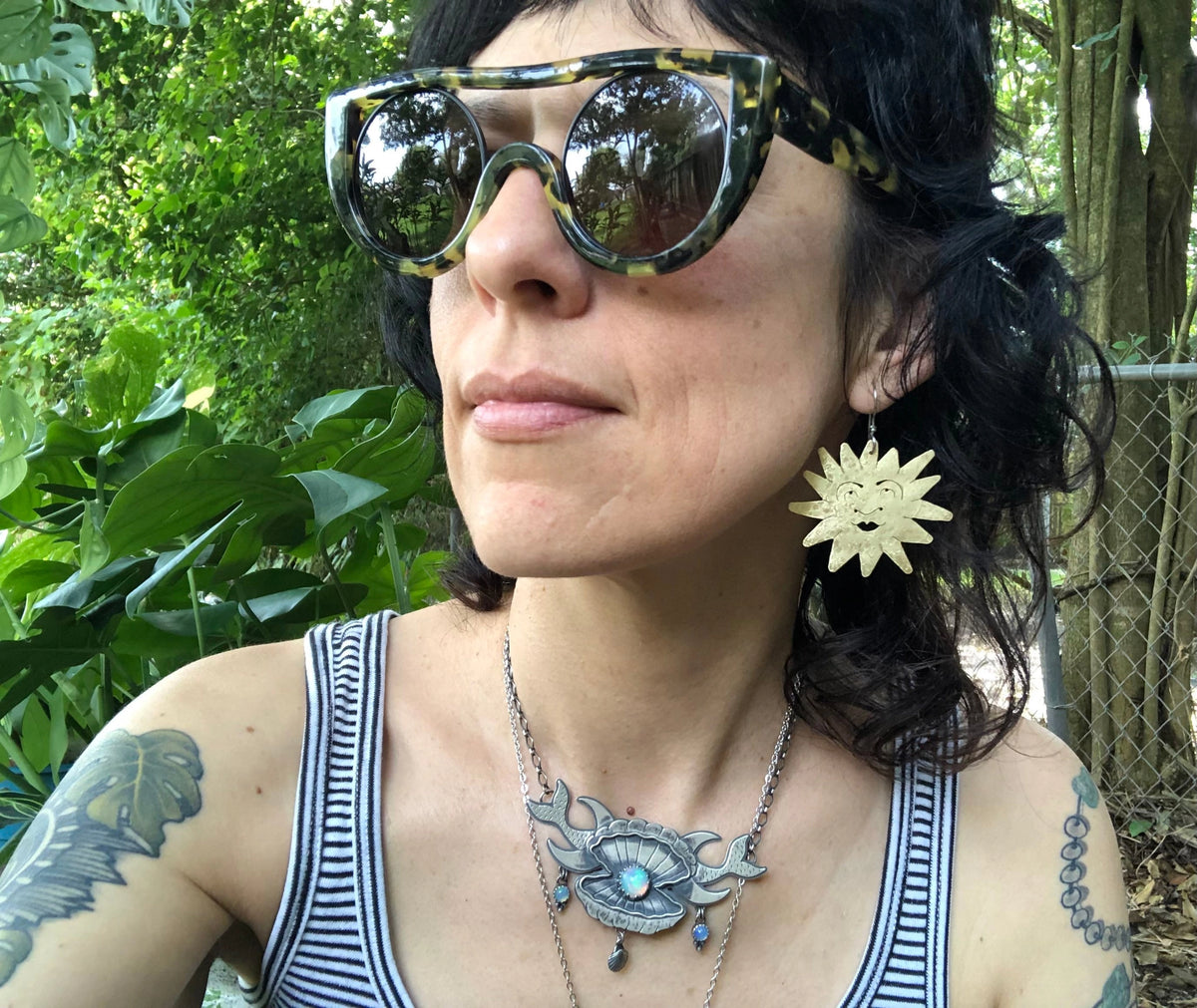 Handmade Sun Face Dangle Earrings in Hammered Meta