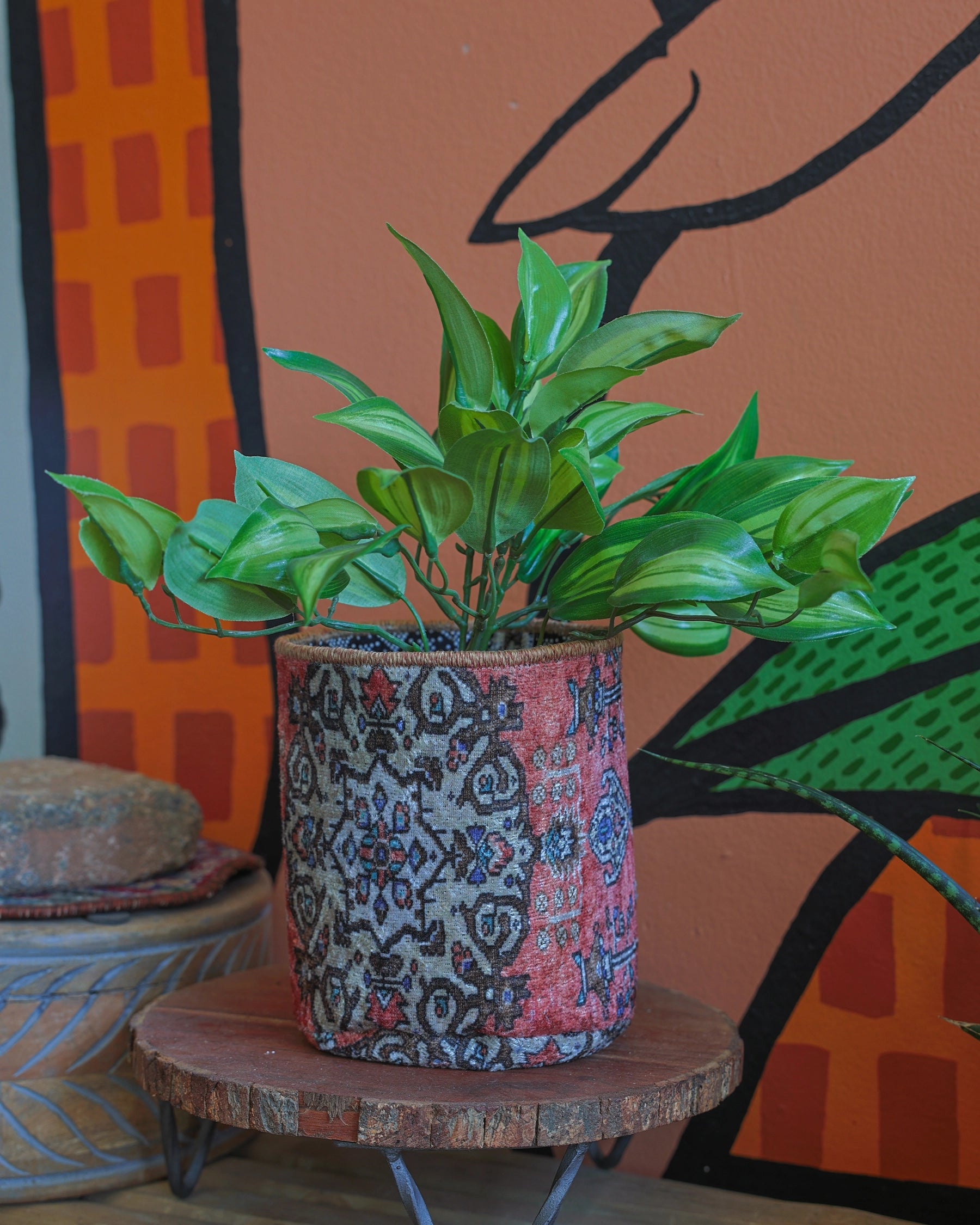 Vintage Rug Pattern Storage and Plant Basket