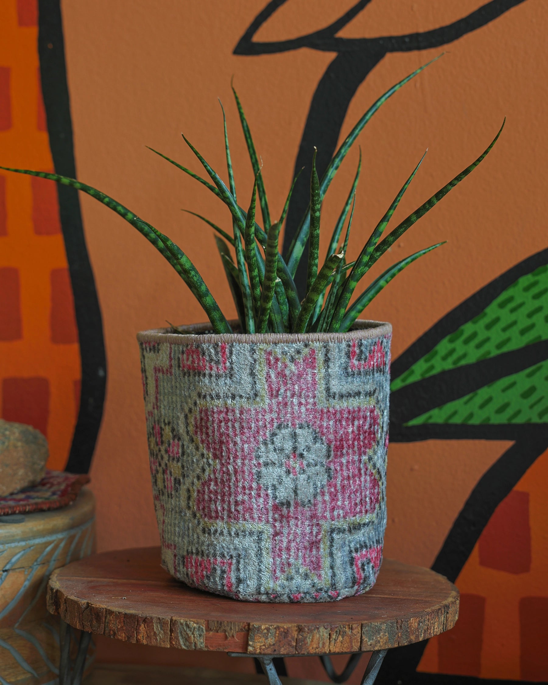Vintage Rug Pattern Storage and Plant Basket