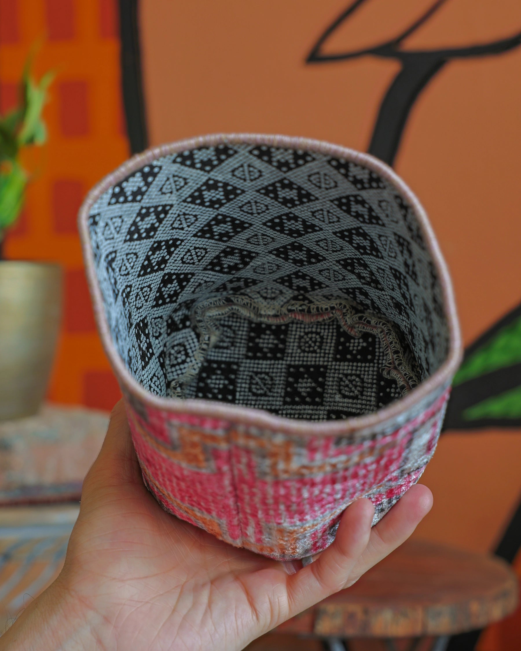 Vintage Rug Pattern Storage and Plant Basket
