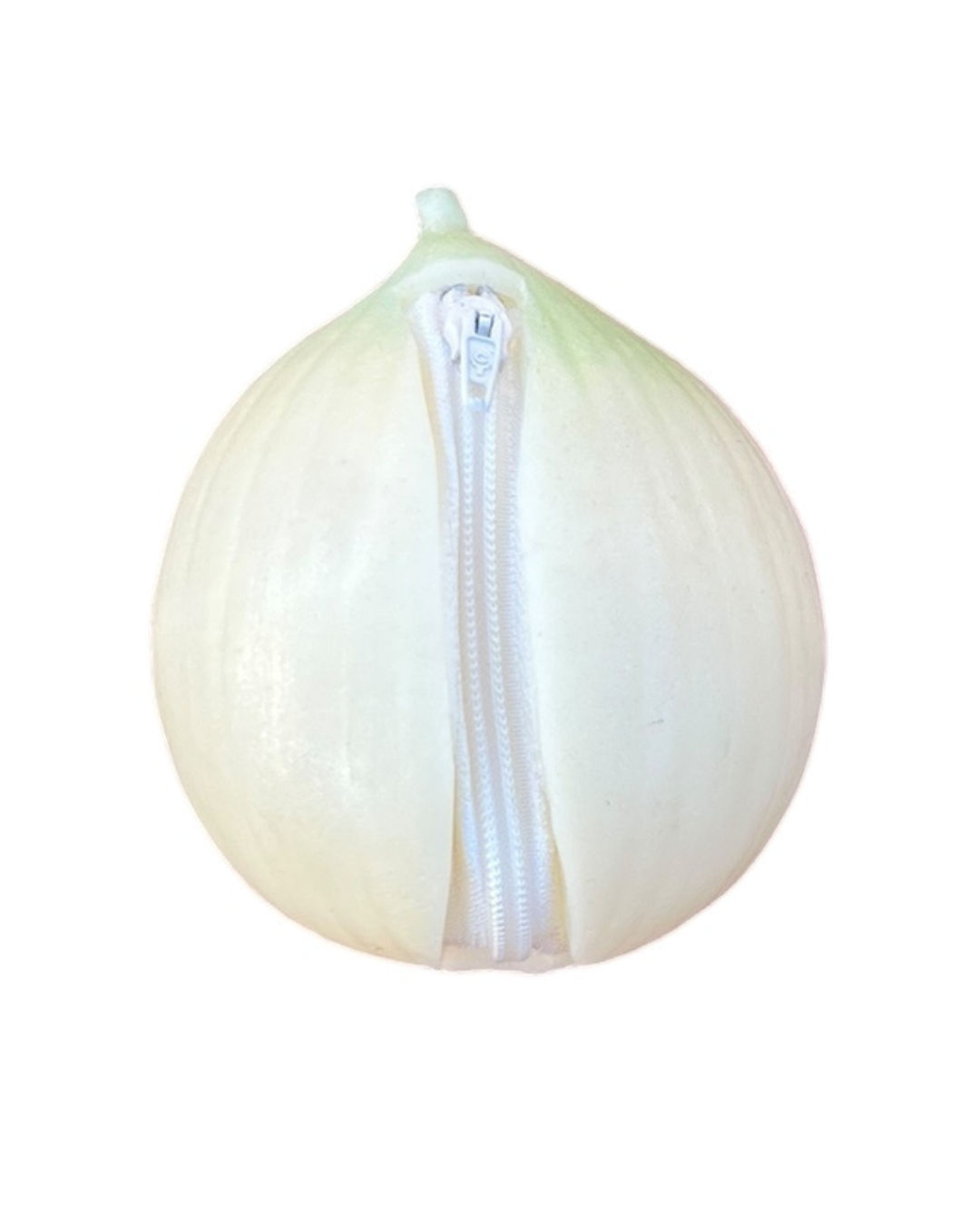 White onion coin purse with a zipper on a white background