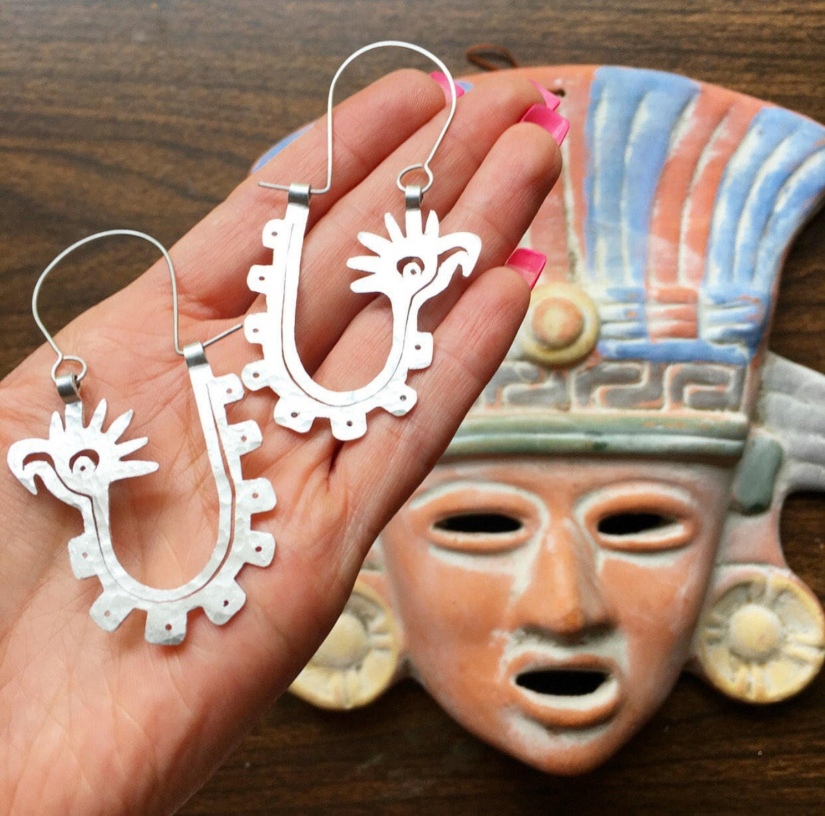 Handmade Mayan Glyph Hoop Earrings: Bird Design