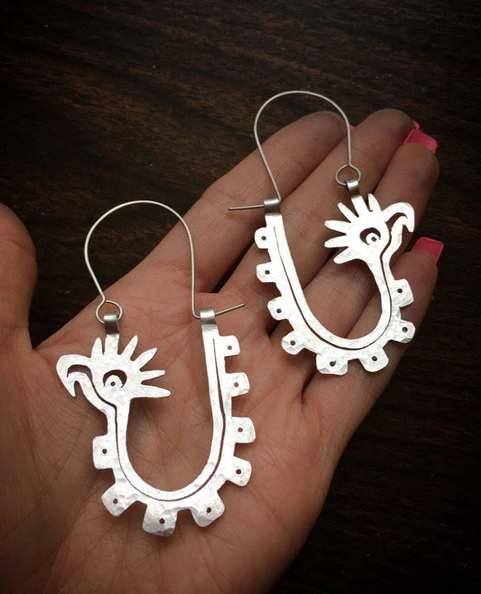 Handmade Mayan Glyph Hoop Earrings: Bird Design