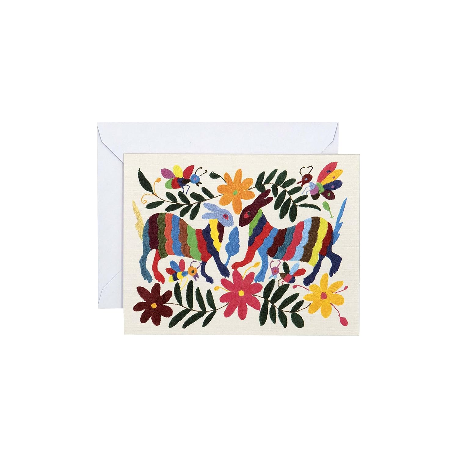 Greeting card with colorful animal design and flowers on a white background