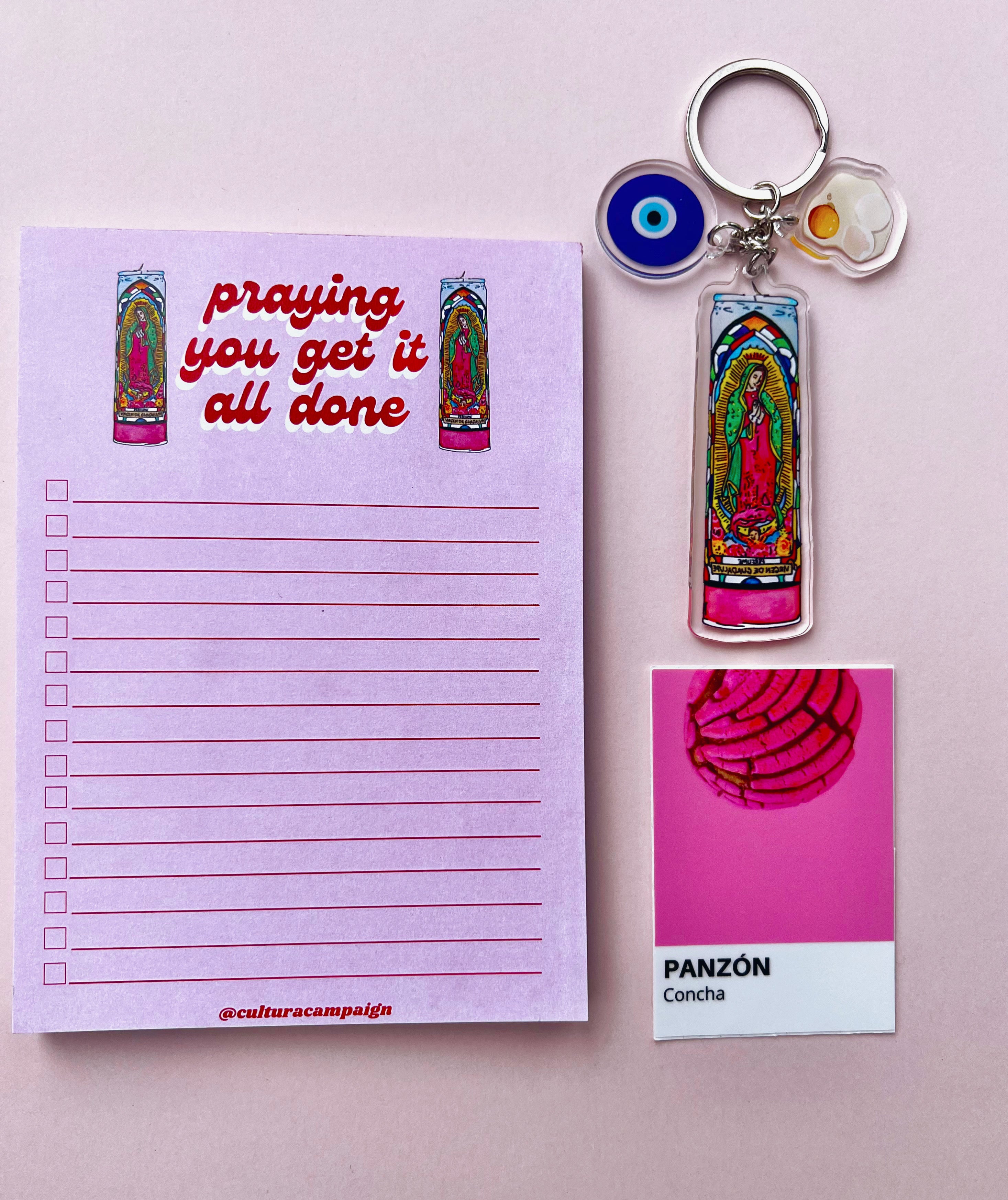 Pink Layout of Praying you get it all done notepad with limpia keychain and pink sticker